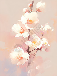 黄油桃桃花枝映衬的宁静景色插画