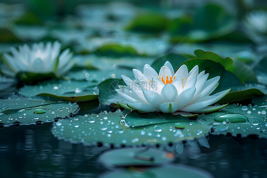 静谧池塘上漂浮的白莲花图片