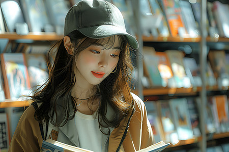 大学生插画图书馆看书的女孩背景
