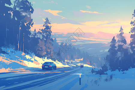 行车导航雪景林间的行车插画