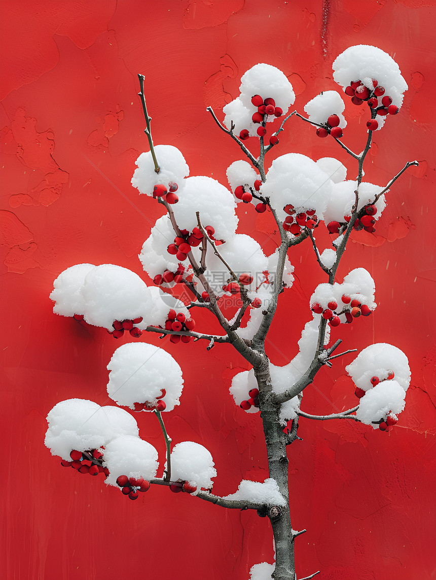 红色宫墙边的雪梅图片