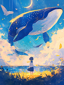 仙境少女与蓝鲸背景图片