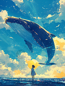 少女与鲸鱼的奇幻邂逅背景图片