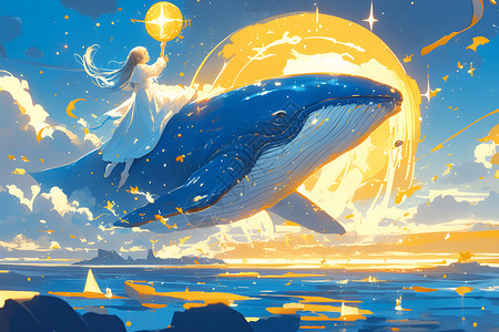 浪漫邂逅的少女与蓝鲸背景图片