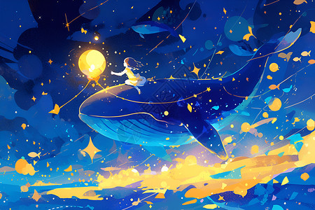 动漫鲸鱼星空下的蓝鲸少女插画