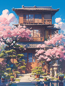 东湖樱花园樱花园中的传统日式房屋插画