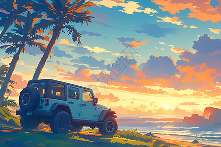 沙滩越野车夕阳下的吉普车插画