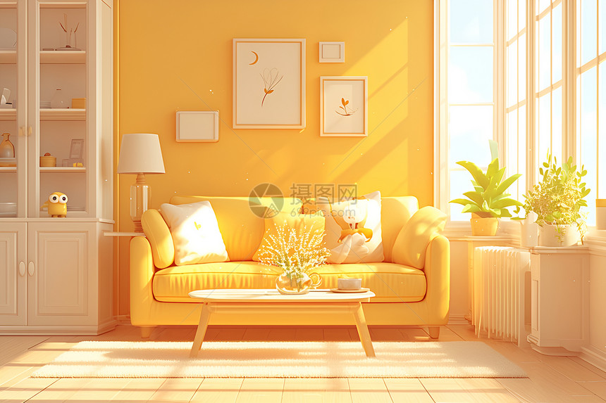 阳光客厅里的黄色沙发图片