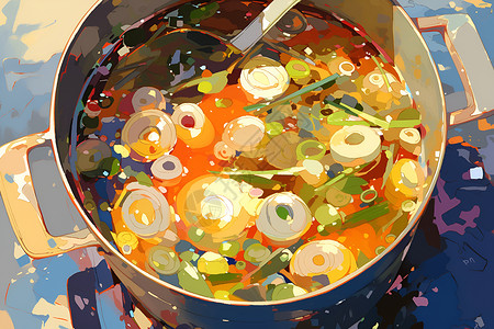 大锅中的美味汤汁高清图片