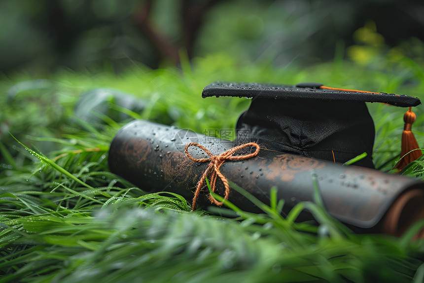 绿色草地上的毕业证书图片