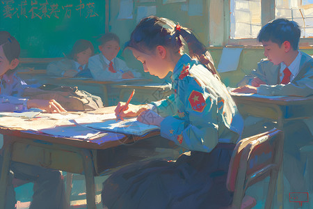 穿着校服学习的女孩插画