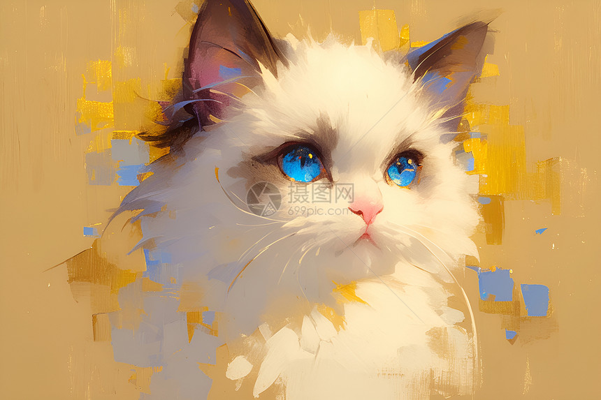 白色猫咪的迷人油画图片