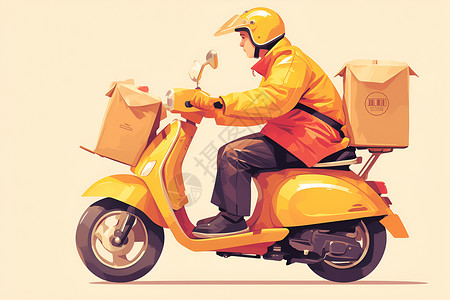 骑车送快递骑黄色摩托车送货的快递插画
