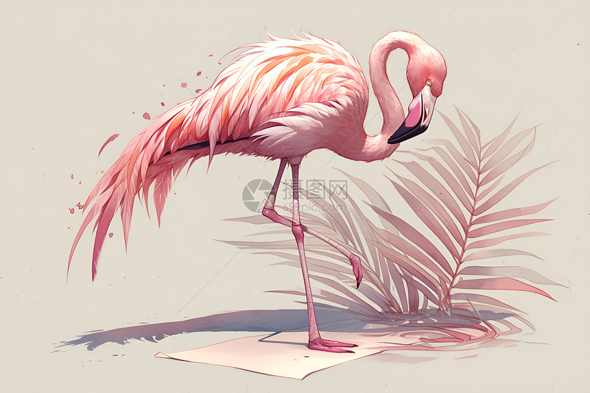 精美手绘的粉色火烈鸟与植物图片