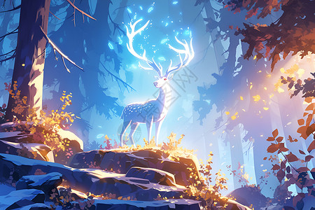 神奇小鹿夜色中的神奇森林美景插画