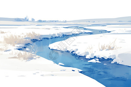 寒冬送暖冰封河流的寒冬之景插画
