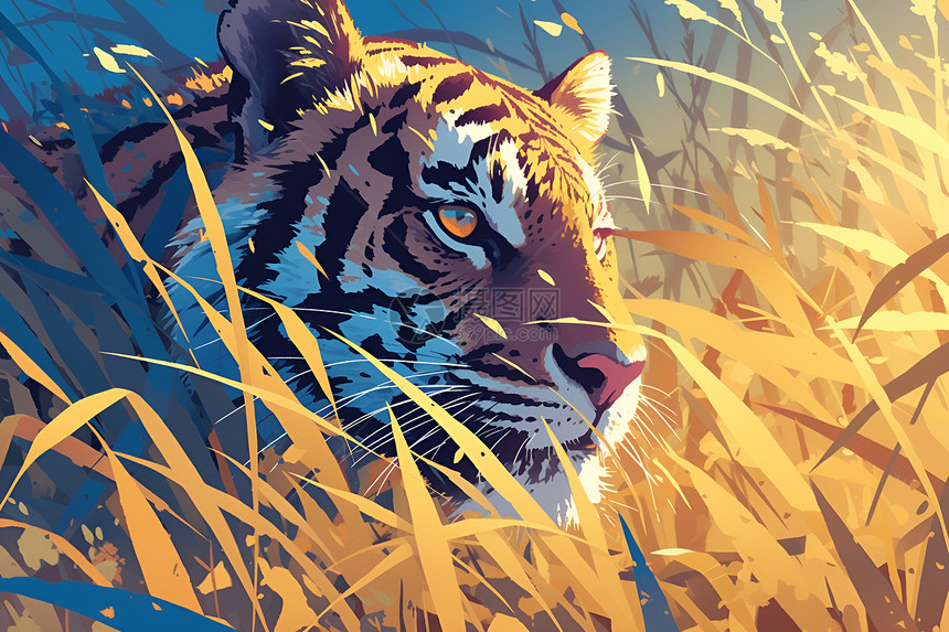 草地中的老虎插画图片