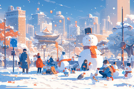 冰雪公园中的雪人插画