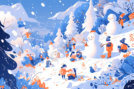 冬日堆雪人插画背景图片