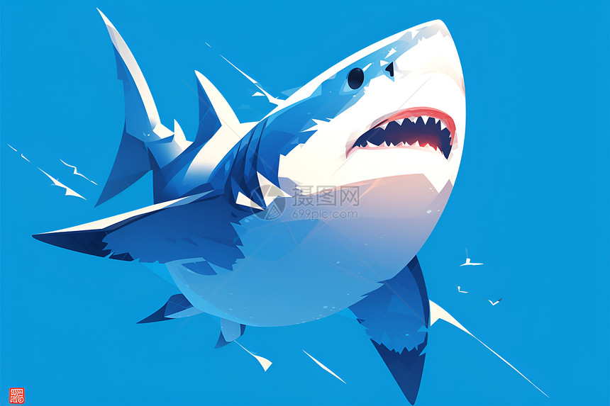 微笑的鲨鱼在蓝色背景下图片