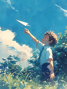 梦想的纸飞机快乐的男孩在田野中放纸飞机插画