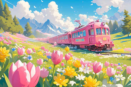 嘉阳小火车花海中的粉色小火车插画