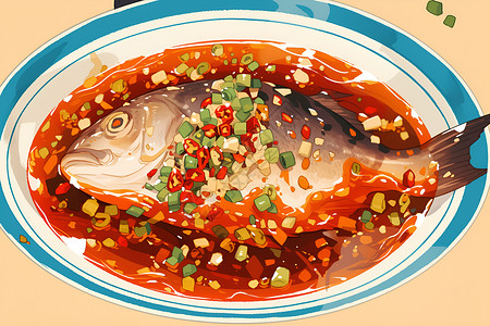 韩式辣酱盘子中的辣酱蒸鱼插画