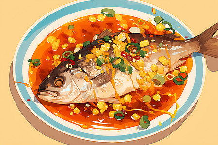 豆豉辣酱美味可口的蒸鱼插画