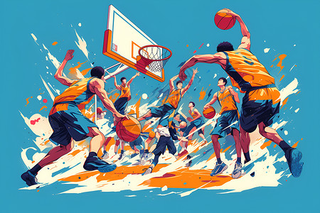 花式运球篮球快攻团队合作插画