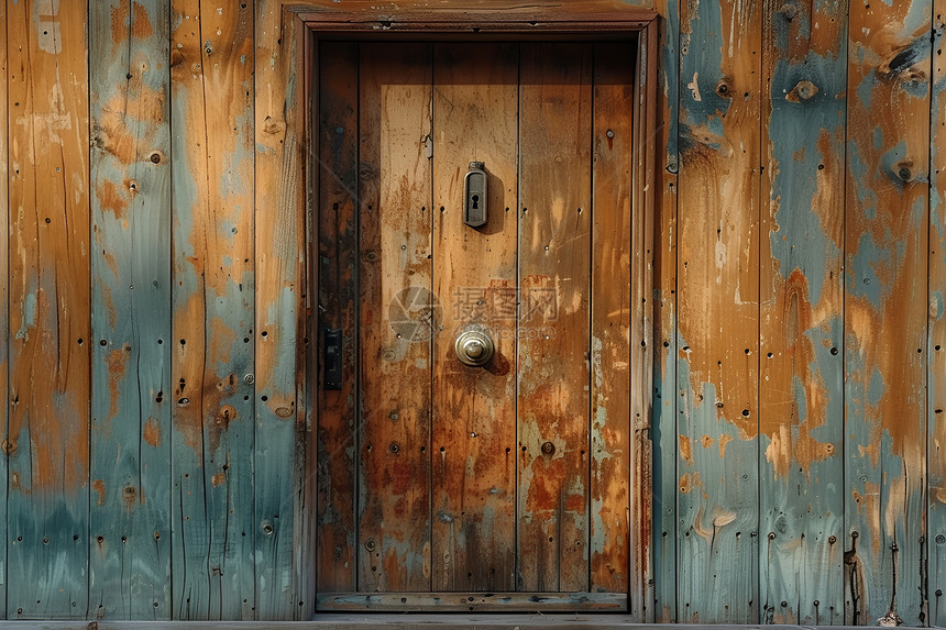 古朴的木门和锁图片