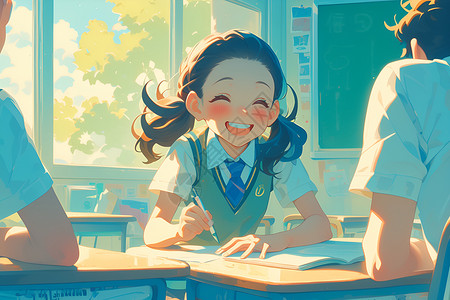 小学生穿校服女生坐在课桌前插画