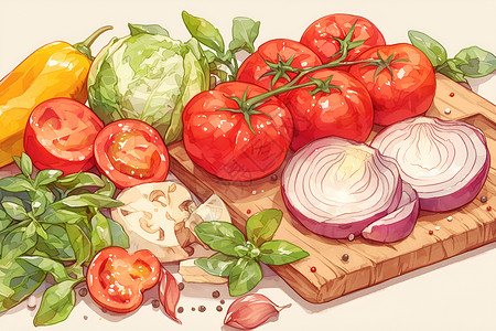 菠菜和西红柿丰盛的蔬菜切割台插画