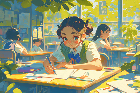 小学生穿校服勤奋学习的女孩插画