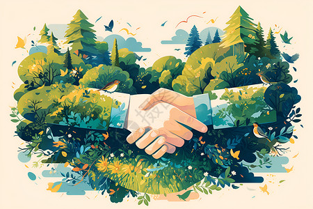 握手环保森林中握手的人插画