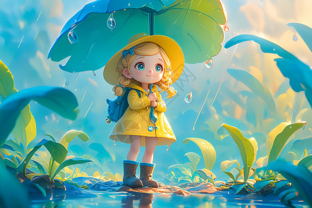 树叶雨雨节中的可爱小女孩插画