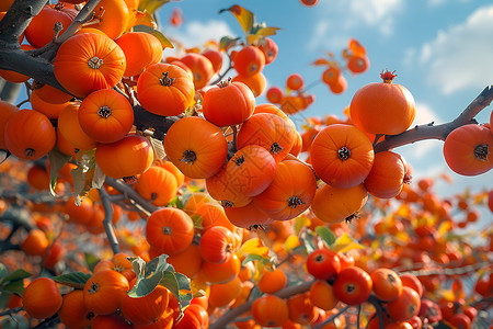 树枝上成熟的果实柿子背景图片