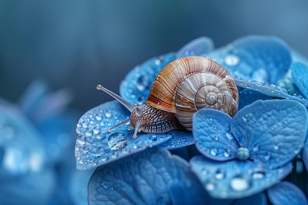 可爱水滴植被上的蜗牛动物背景