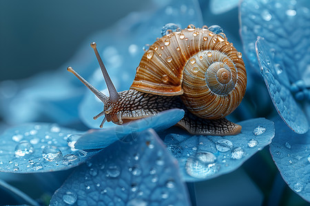 可爱水滴蓝色植物上的可爱蜗牛背景