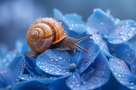 可爱水滴植被上的一只蜗牛背景