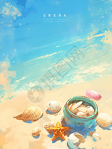 篮子背景沙滩上的贝壳插画