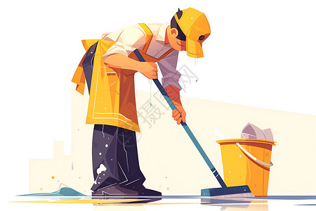 卡通清洁工打扫地板的清洁工插画