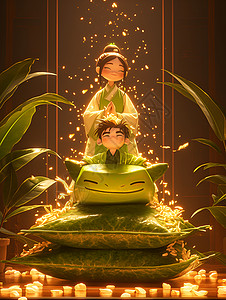 绿灯草间绿色三角坐植少男少女童装华服动画人物背景图片