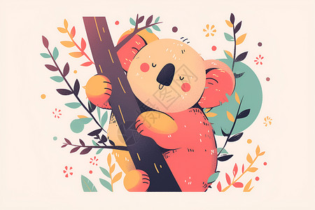 桉树树枝考拉熊拥抱树枝插画