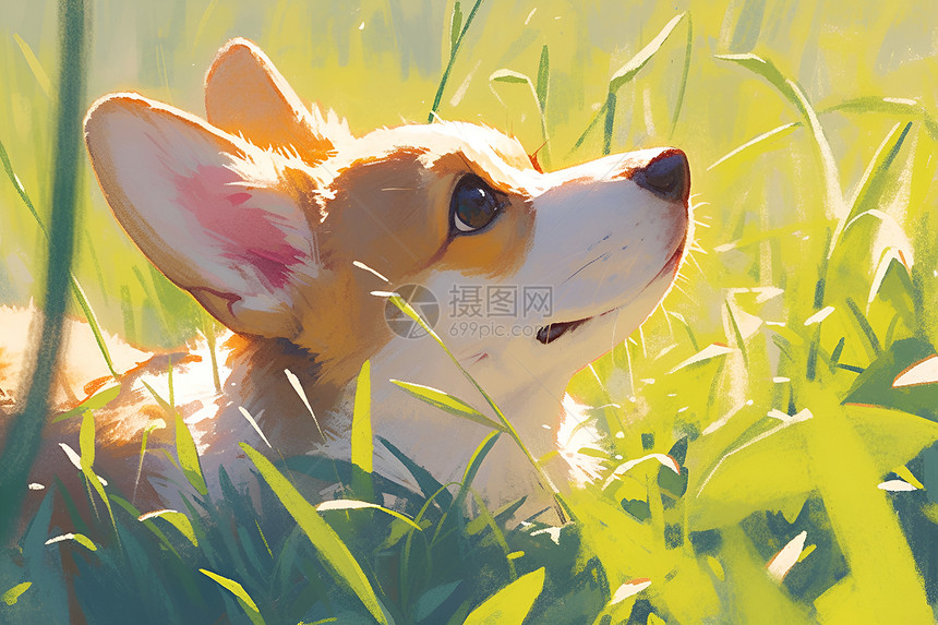 可爱的柯基幼犬在草地上图片