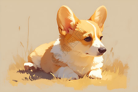 柯基犬在草地上凝视远方插画