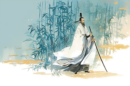 干竹子拿着长剑的诗人插图插画