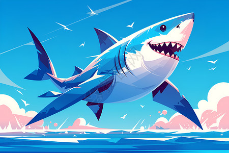 扁头鲨鱼欢快的海洋世界插画
