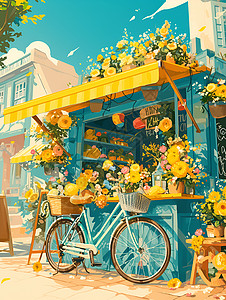 花店名片设计花店前停放的自行车插画