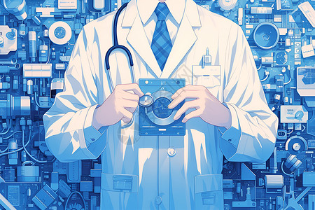 医生工具白衣医生与蓝调的医疗工具插画