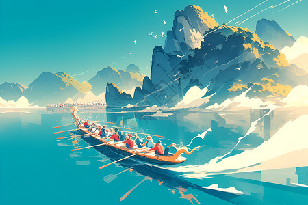 划桨的人群插画背景图片